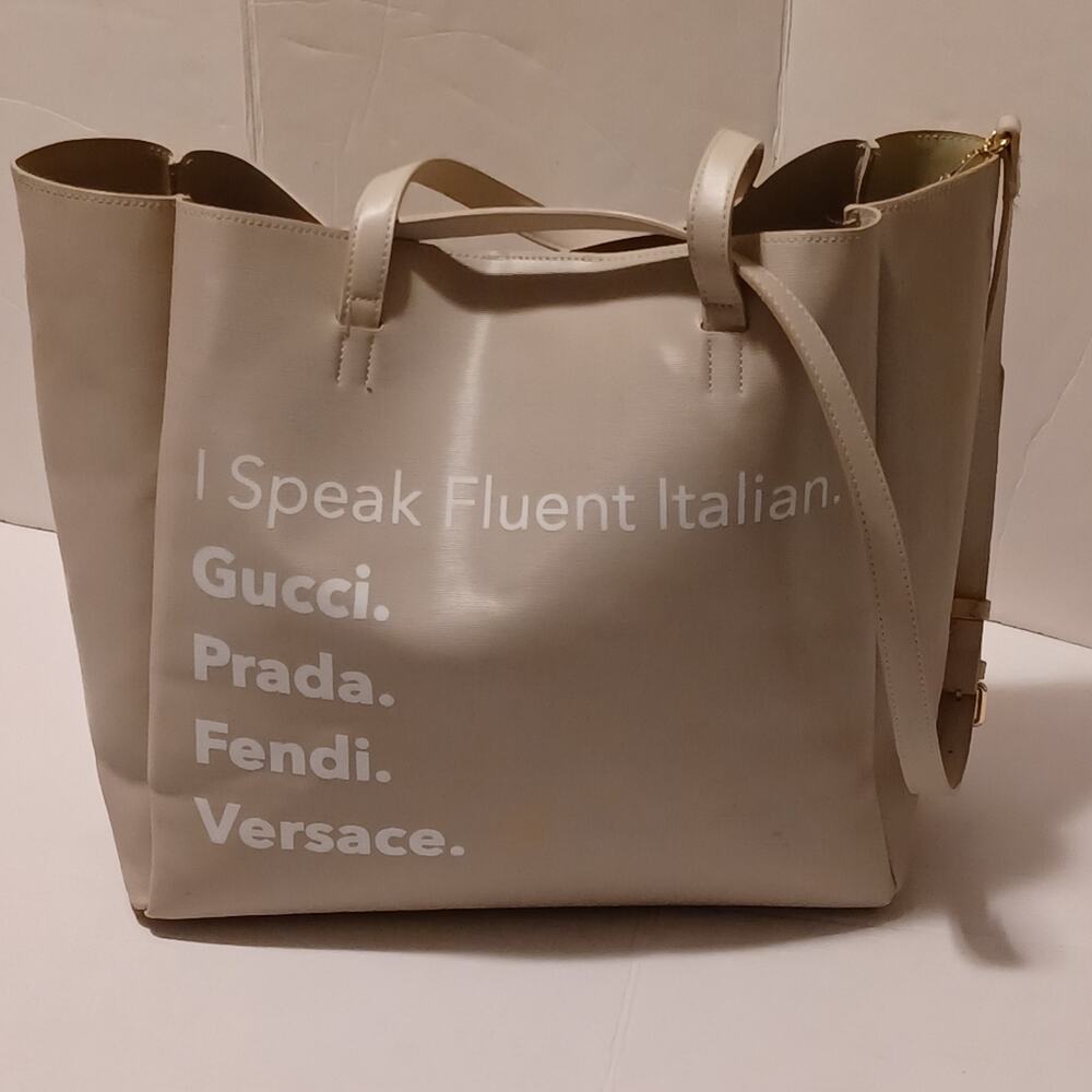 LA Trading Co. Fluent Italian  Never Full Cream Vegan Tote Bag.
